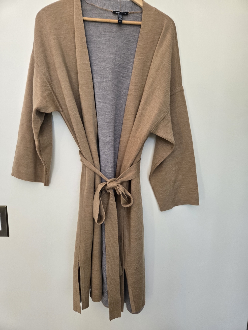 Eileen Fisher Camel Brown Long Open Front Belted Cardigan Soft Wool